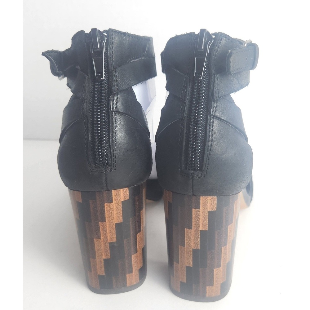 Crown Vintage Black Leather Wood Block Heel  Ankle Strap Sandals  size 7.5